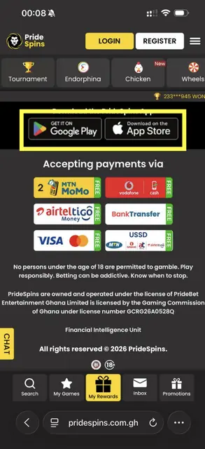 PrideSpins download-app section with the store badges